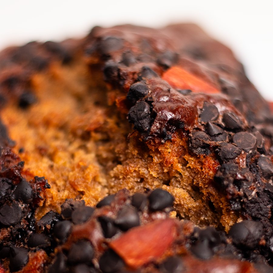 Inside a chocolate banana bread loaf
